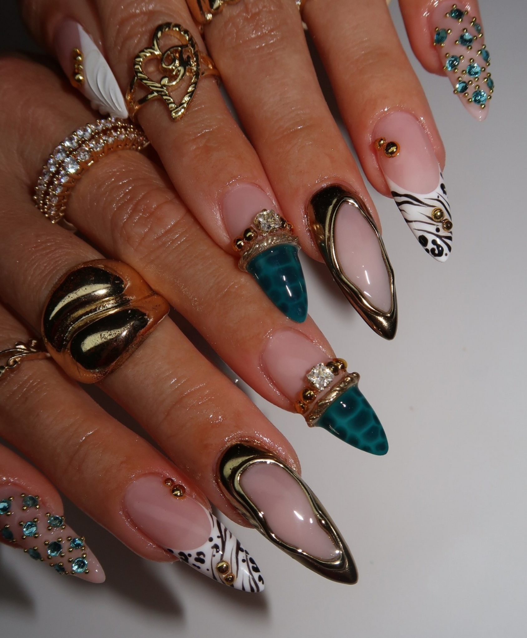 Hand-Painted 3D Liquid Gold & Teal Crocodile Long Almond Press On Nails - Luxury Mix & Match Y2K Nail Art - Birthday, Festival, Event Nails