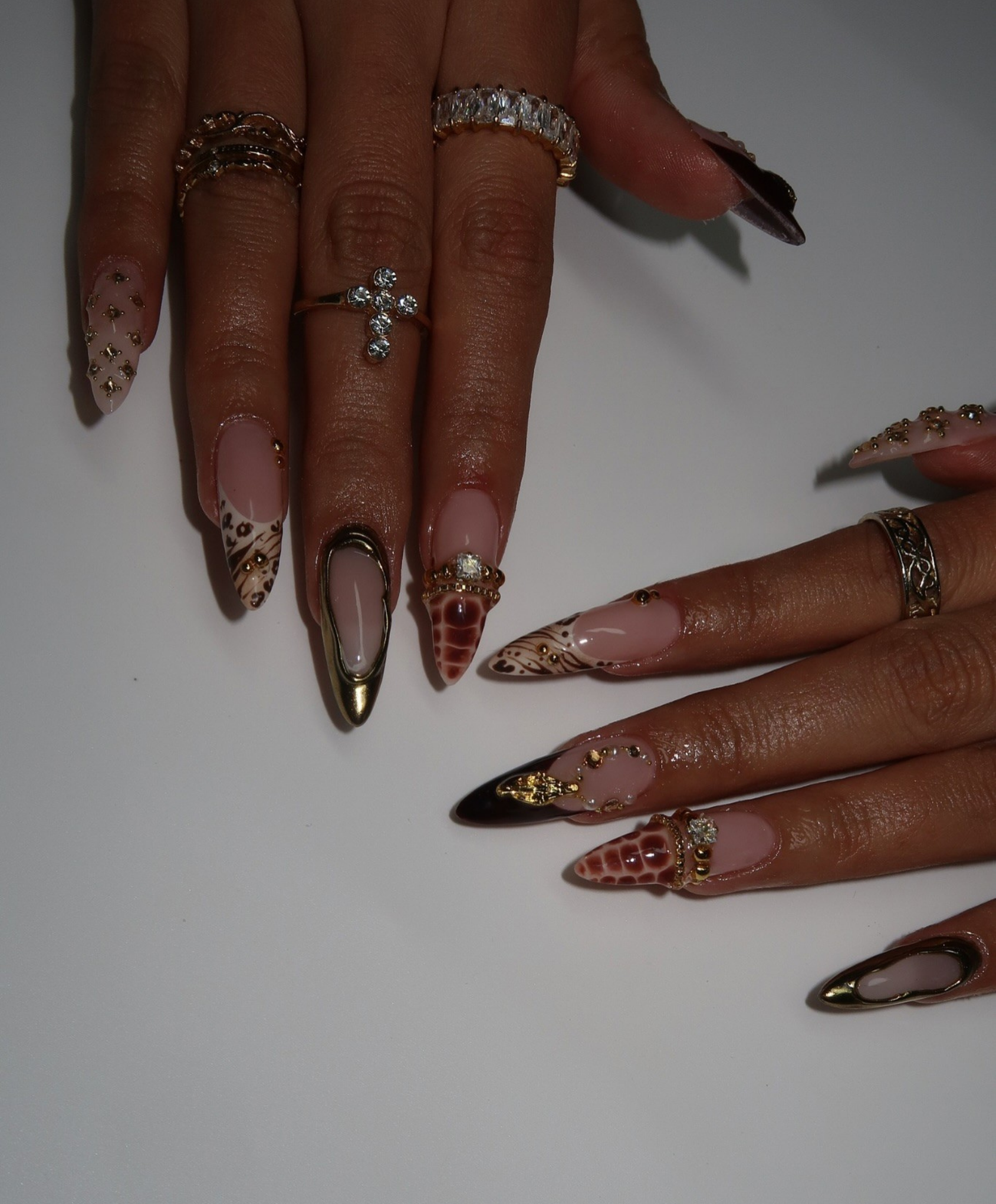 Hand-Painted 3D Liquid Gold & Crocodile Print Press On Nails | Luxury Brown Animal Print Long Almond Nails | Safari Glam Boho Nail Art
