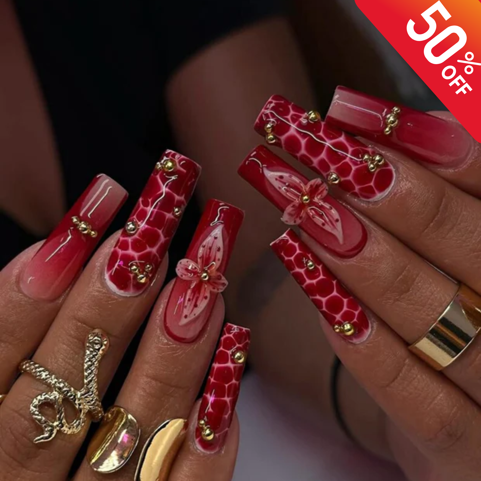 Red Floral Fall Press On Nails | 3D Flower & Gold Bead Nail Art | Glamorous Handmade Coffin Nails | Statement Red Luxury Press Ons