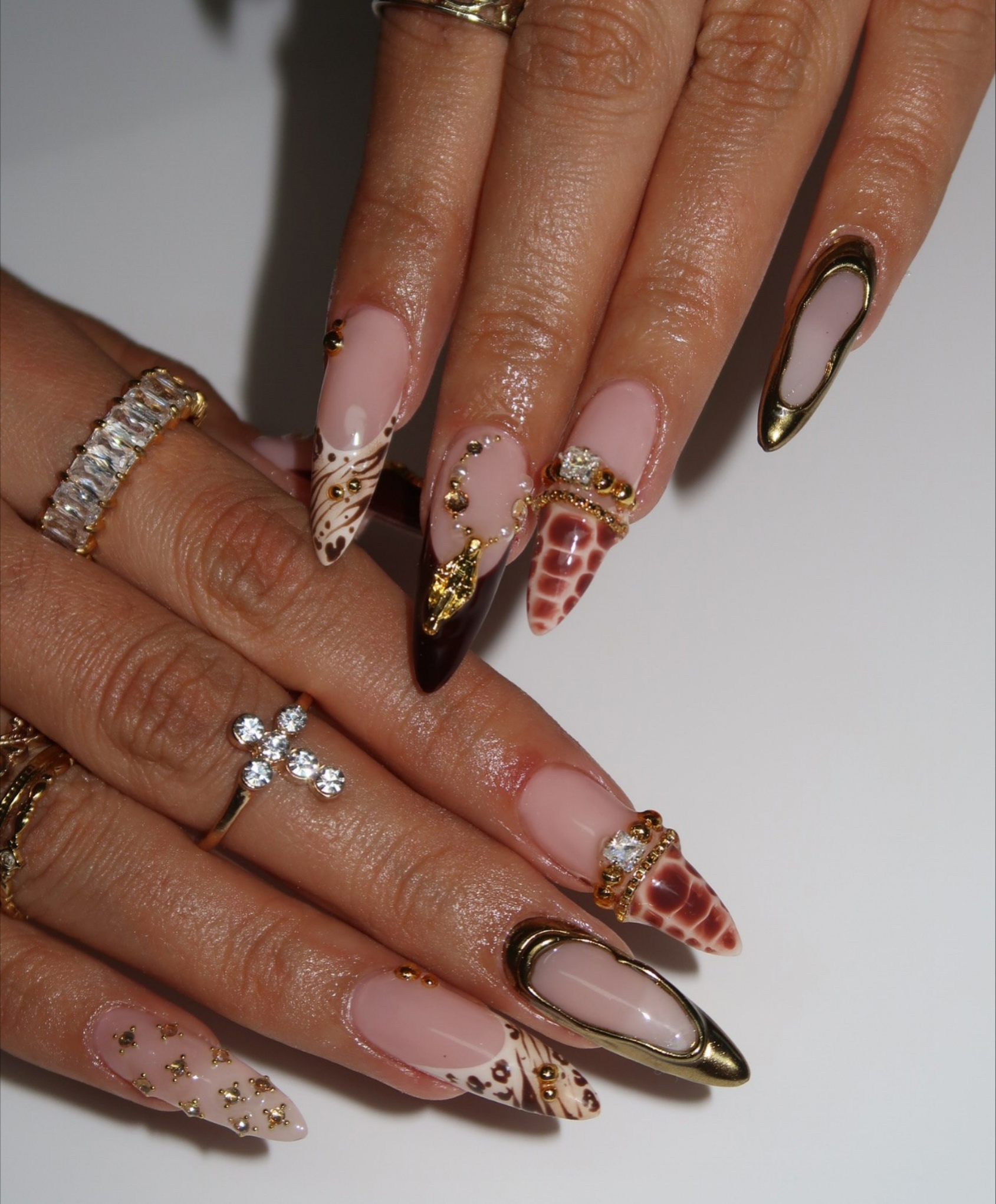 Hand-Painted 3D Liquid Gold & Crocodile Print Press On Nails | Luxury Brown Animal Print Long Almond Nails | Safari Glam Boho Nail Art