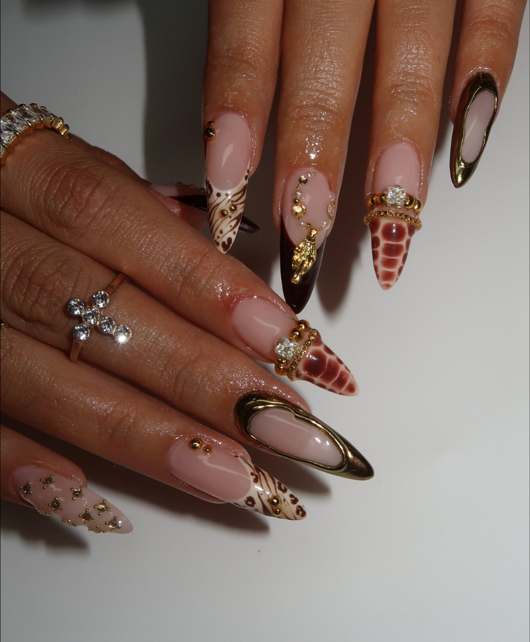 Hand-Painted 3D Liquid Gold & Crocodile Print Press On Nails | Luxury Brown Animal Print Long Almond Nails | Safari Glam Boho Nail Art