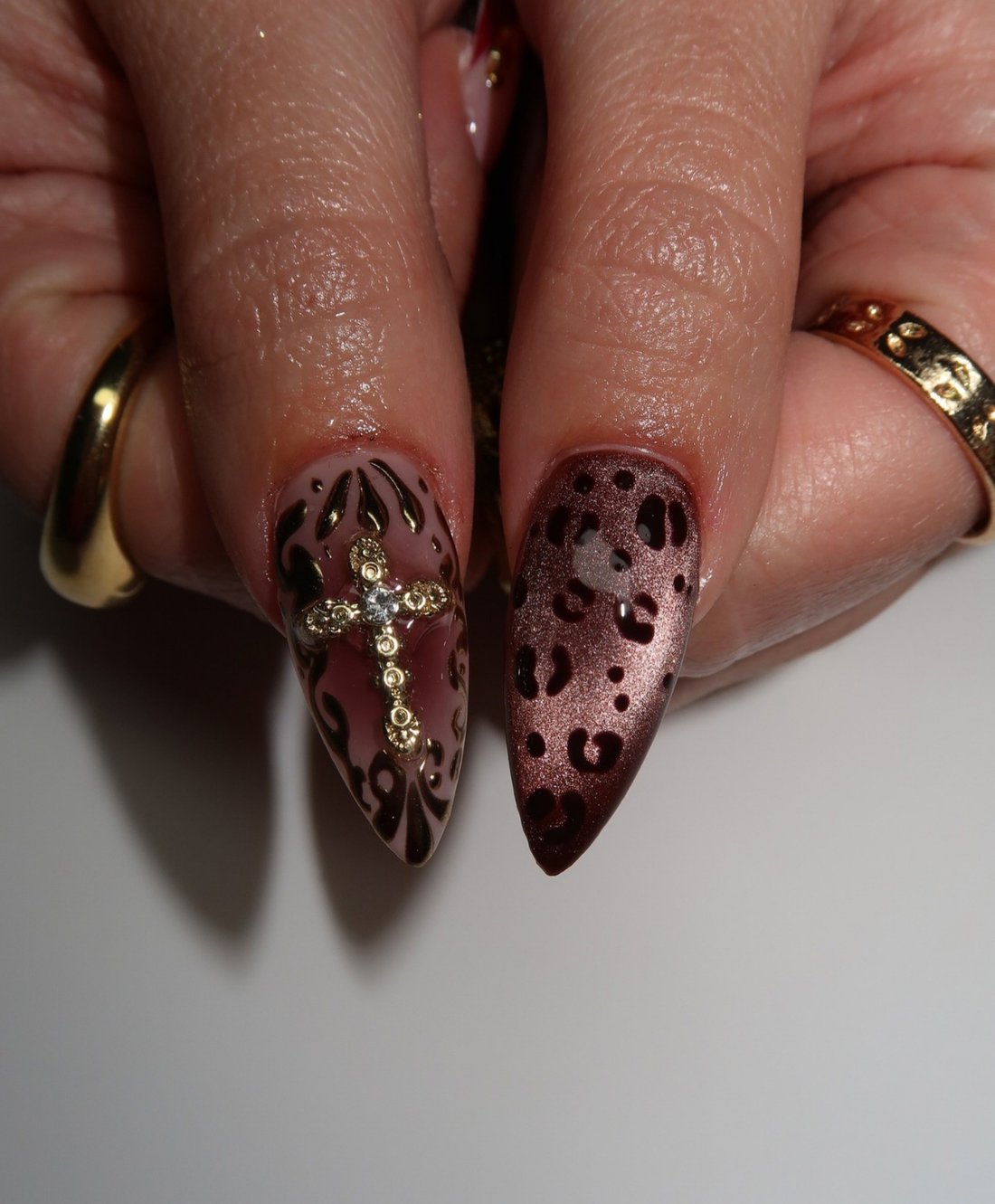 Handmade Gothic Baroque Burgundy & Gold 3D Cross Press On Nails | Luxury Leopard & Liquid Metal Long Stiletto Nails | Vampire Glam Nail Art