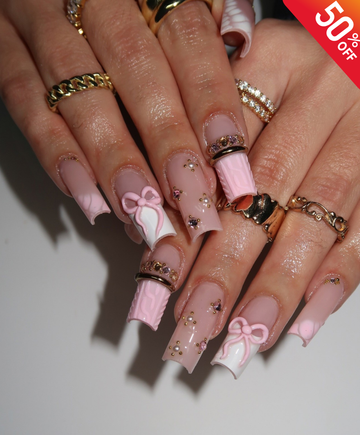 Hand-Painted 3D Bow & Sweater Texture Long Square Press On Nails - Elegant Pink & White Coquette Luxury Fake Nails for Winter, Date, Holiday