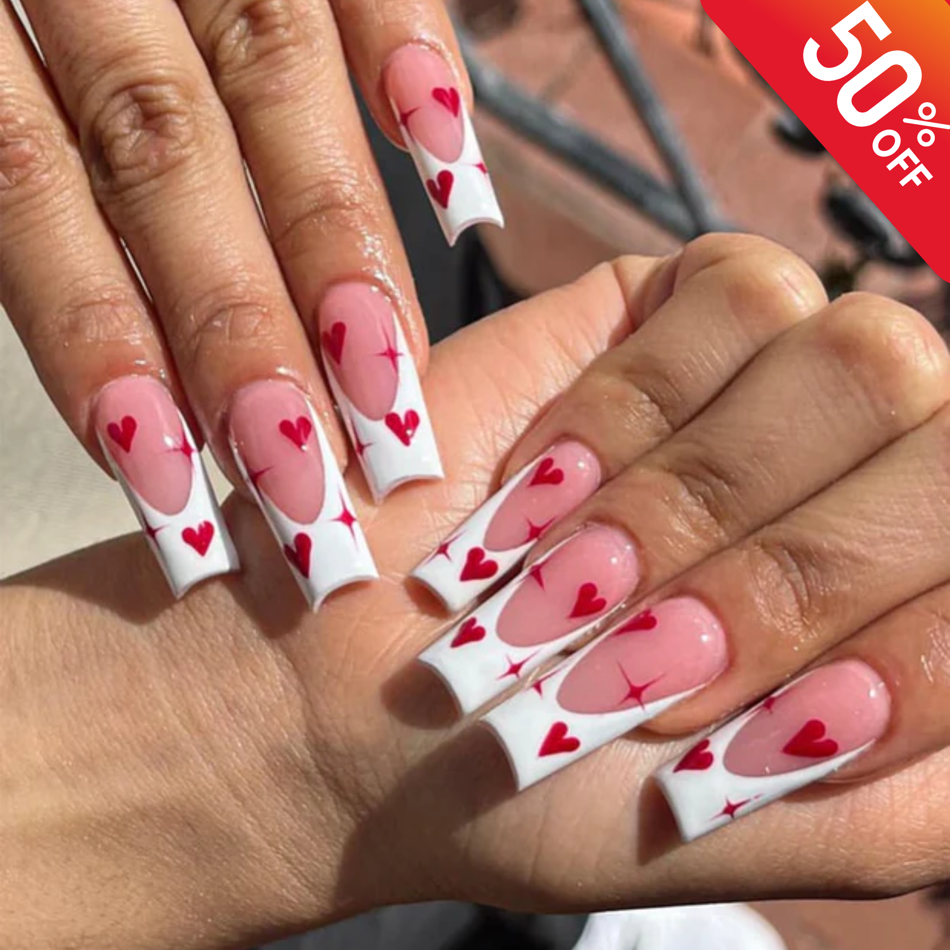 Romantic French Tip Press-On Nails | Valentine’s Day Heart Nail Set | Love-Themed French Nail | Red Heart Nails for Special Occasions