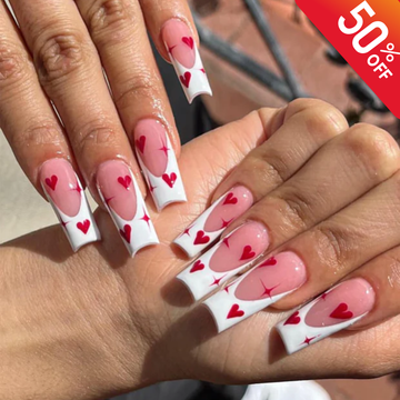 Romantic French Tip Press-On Nails | Valentine’s Day Heart Nail Set | Love-Themed French Nail | Red Heart Nails for Special Occasions