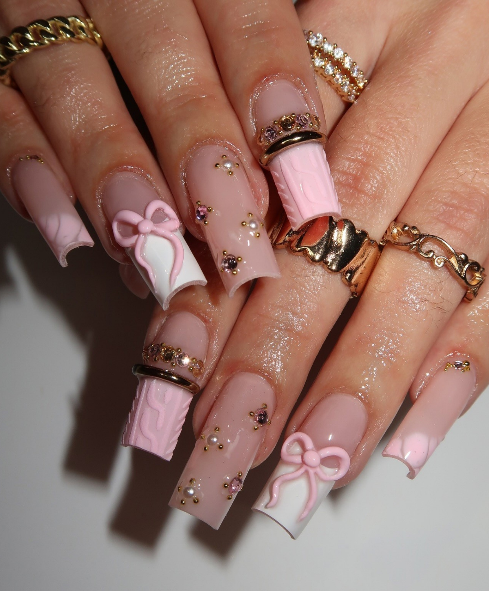 Hand-Painted 3D Bow & Sweater Texture Long Square Press On Nails - Elegant Pink & White Coquette Luxury Fake Nails for Winter, Date, Holiday