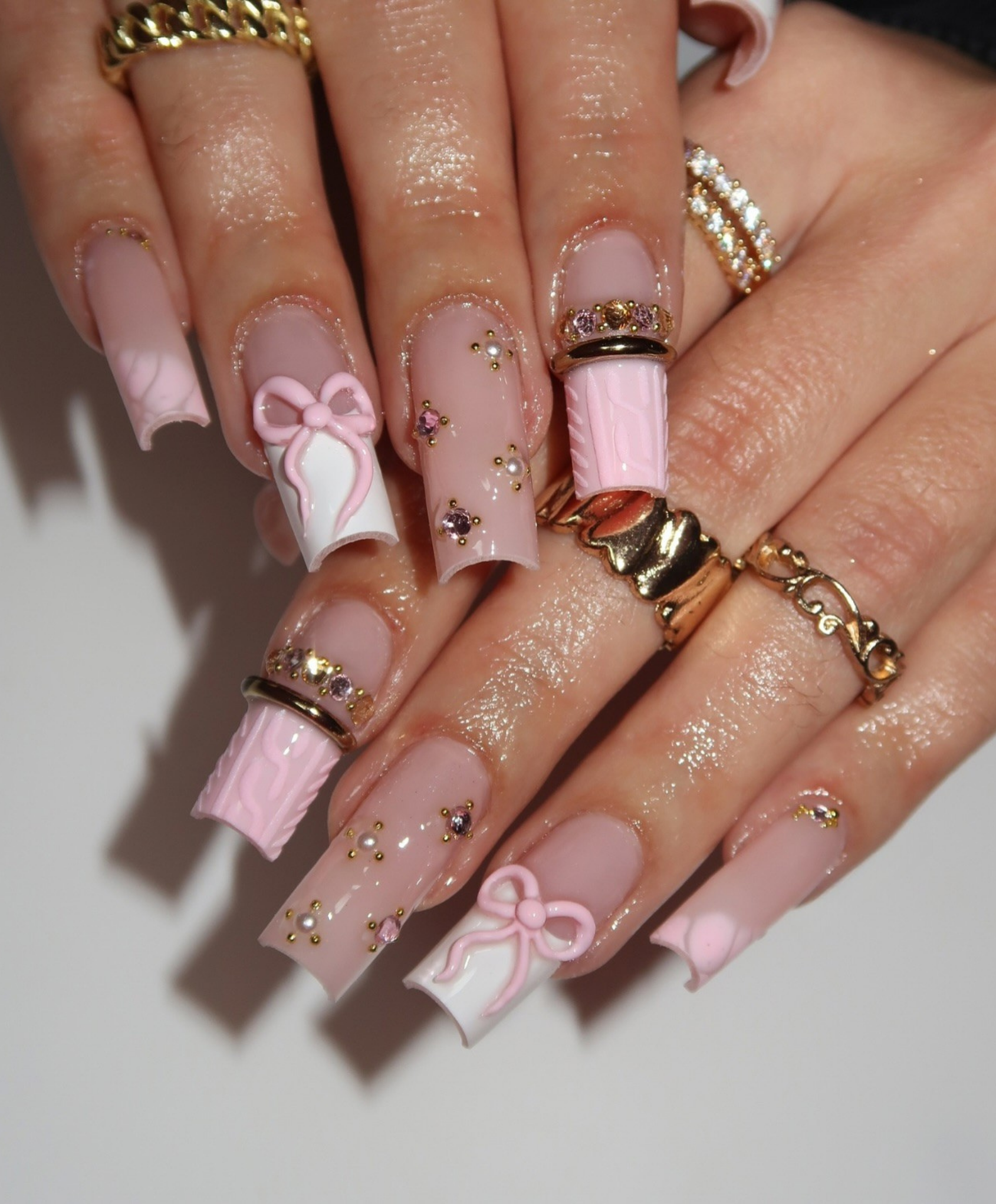 Hand-Painted 3D Bow & Sweater Texture Long Square Press On Nails - Elegant Pink & White Coquette Luxury Fake Nails for Winter, Date, Holiday