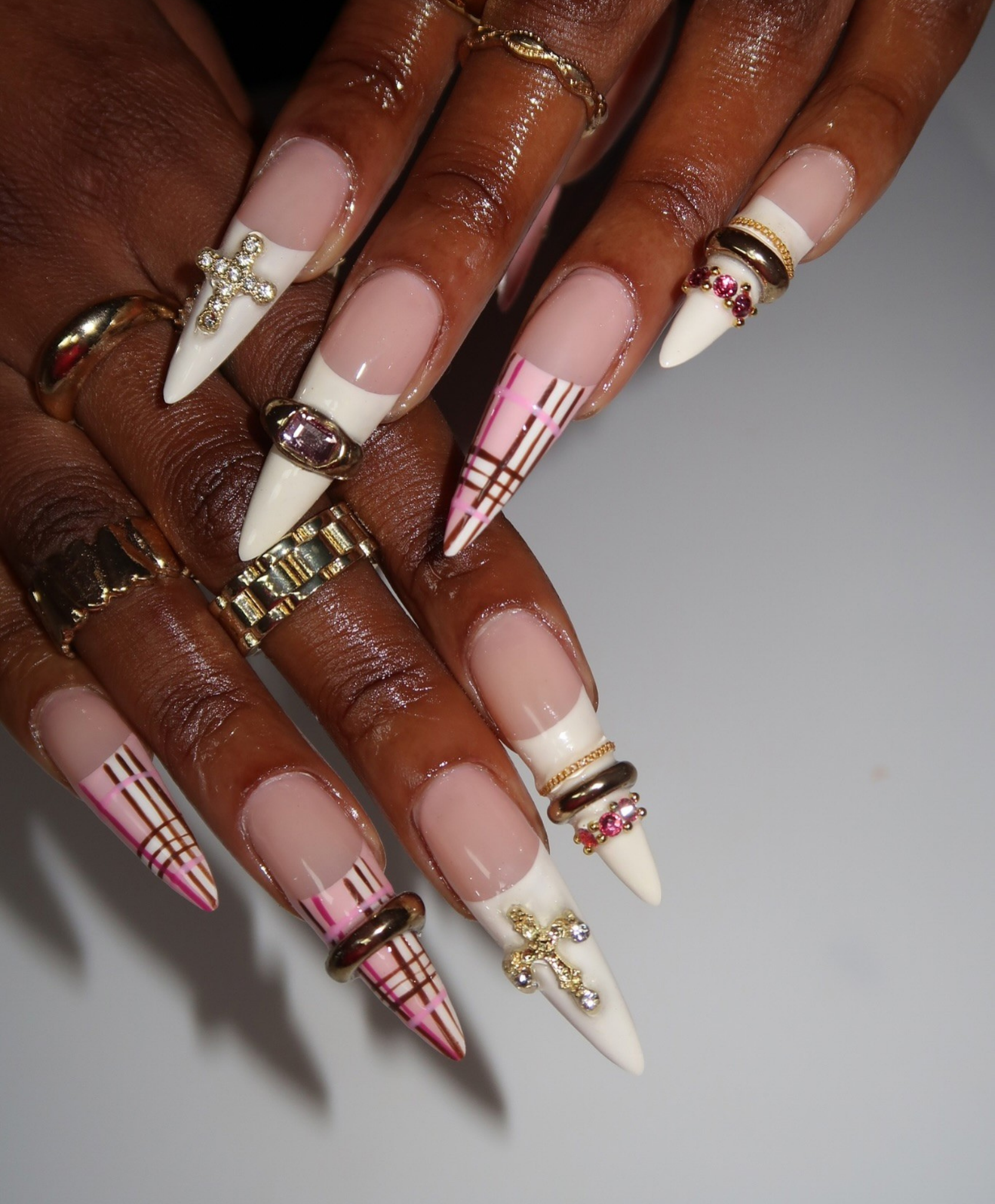 Hand-Painted 3D Sweater & Leopard Print Deep Red Stiletto Press On Nails - Luxury Gothic Gold Cross & Rhinestone Nails for Valentine, Party