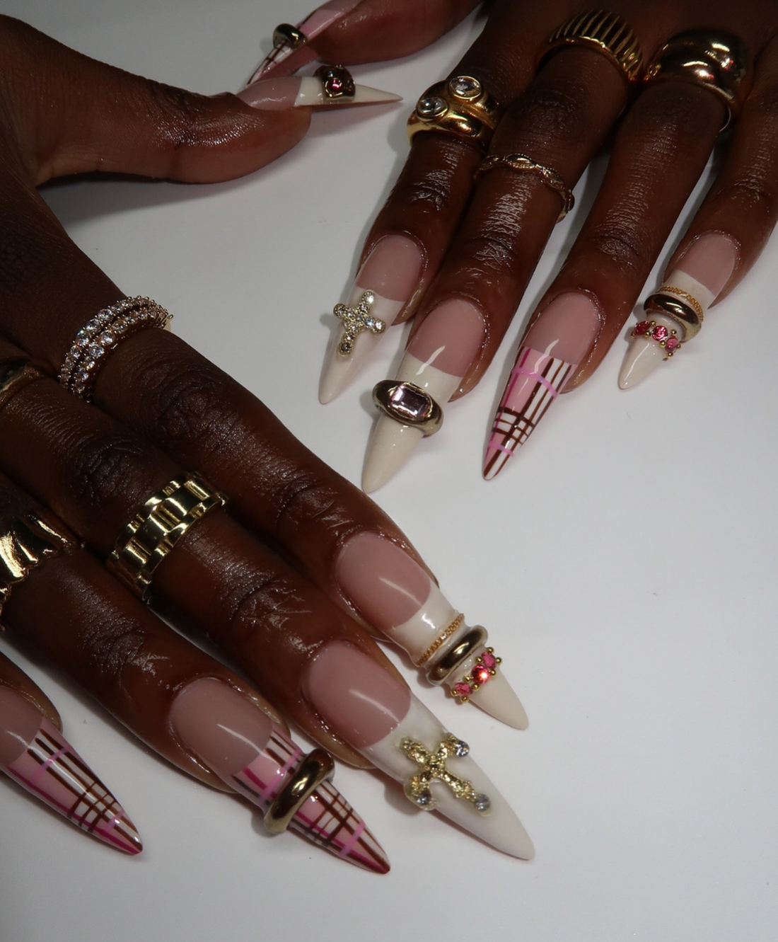 Hand-Painted 3D Sweater & Leopard Print Deep Red Stiletto Press On Nails - Luxury Gothic Gold Cross & Rhinestone Nails for Valentine, Party