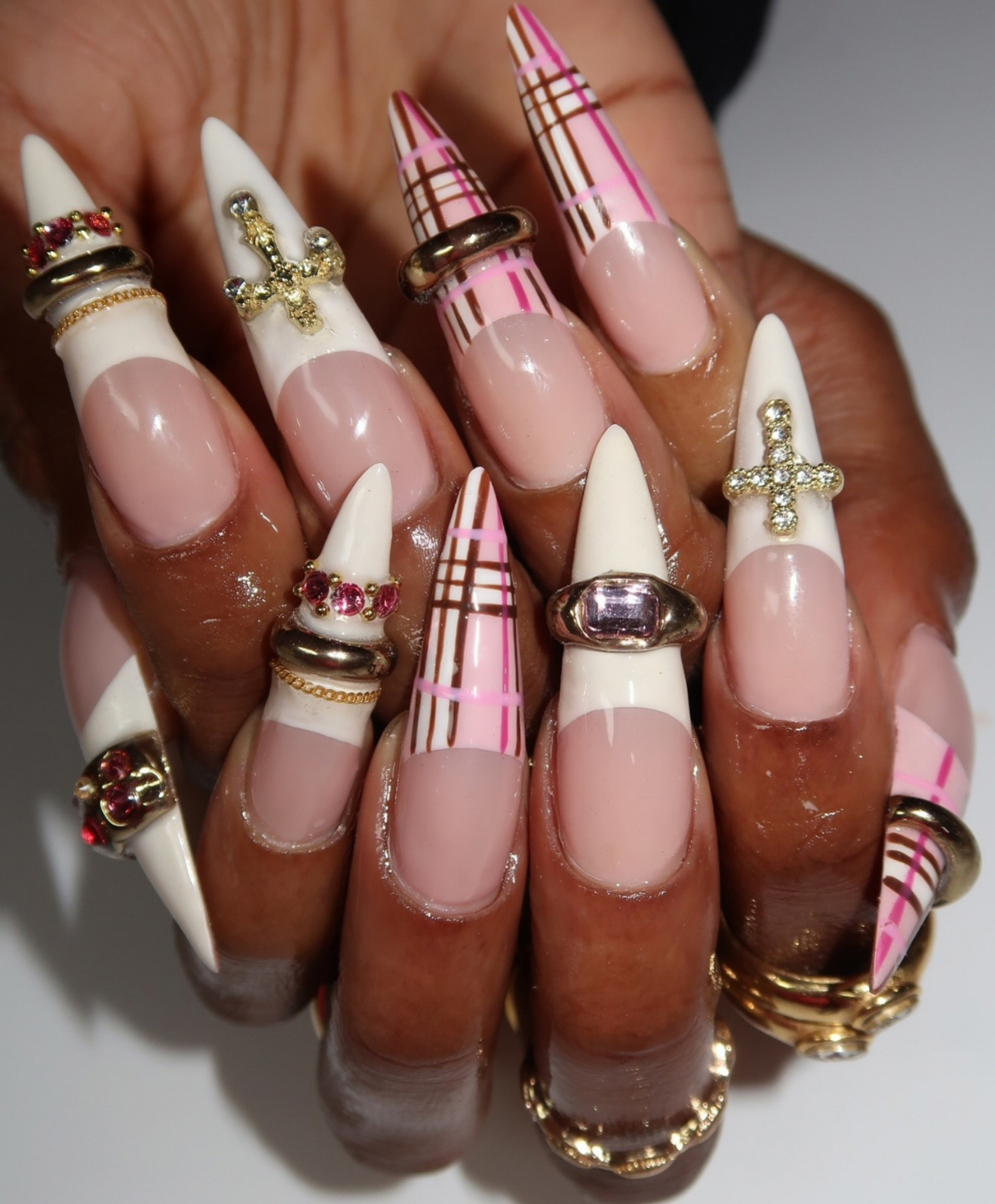 Hand-Painted 3D Sweater & Leopard Print Deep Red Stiletto Press On Nails - Luxury Gothic Gold Cross & Rhinestone Nails for Valentine, Party