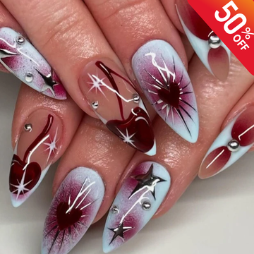 Airbrush Blue Gradient Press On Nails by SugarNailArt | Heartburst Chrome Nail Art | 3D Hearts & Stars Fake Nails | Y2K Inspired Nails