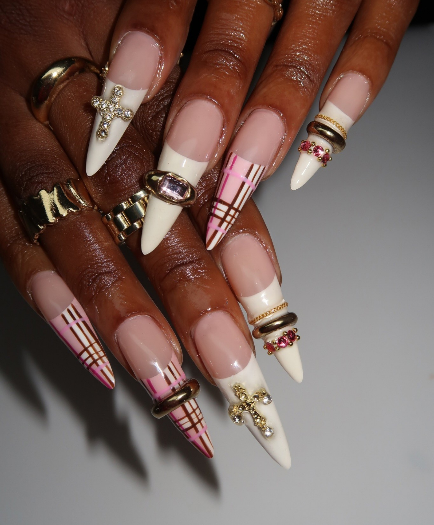 Hand-Painted 3D Sweater & Leopard Print Deep Red Stiletto Press On Nails - Luxury Gothic Gold Cross & Rhinestone Nails for Valentine, Party