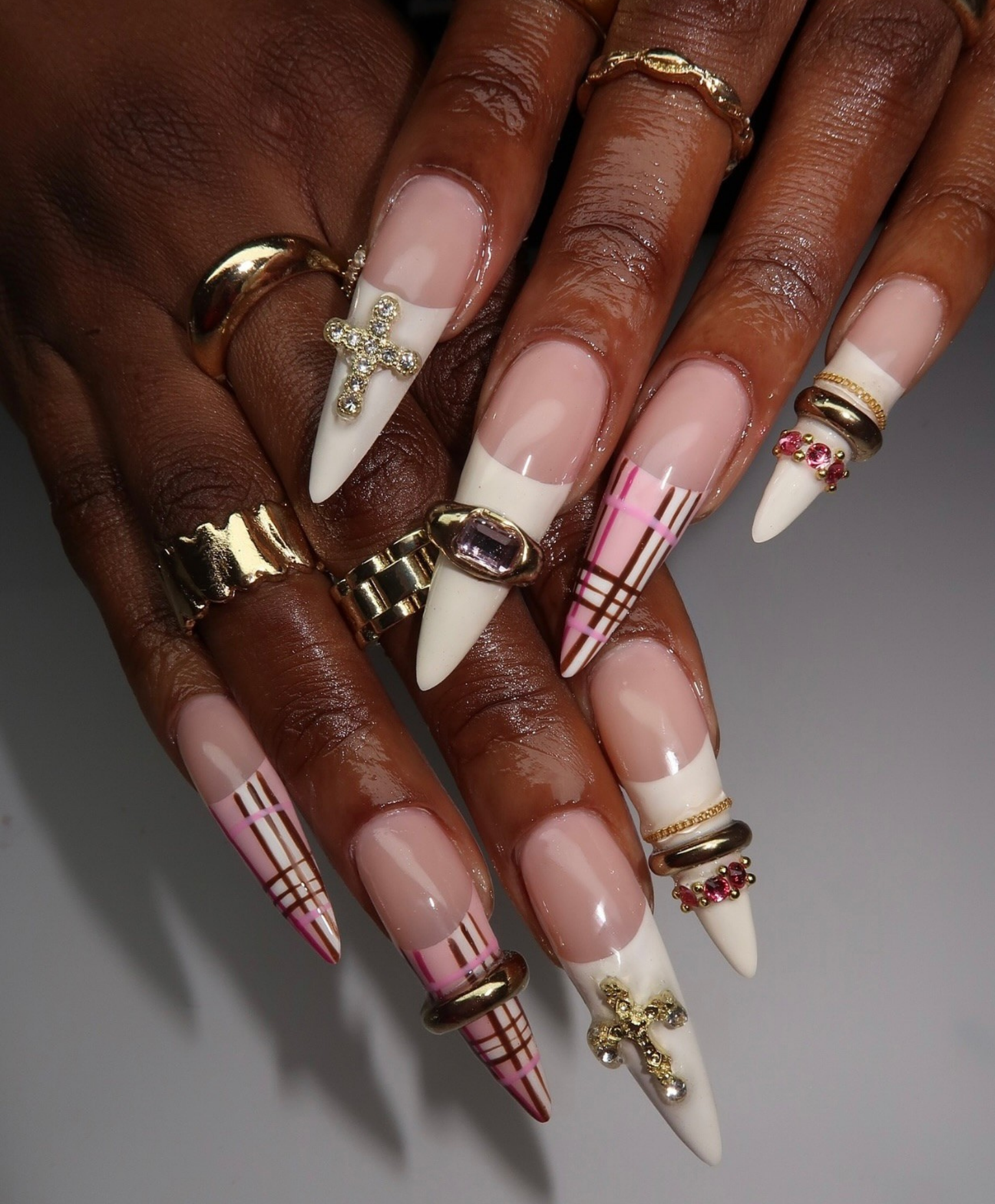 Hand-Painted 3D Sweater & Leopard Print Deep Red Stiletto Press On Nails - Luxury Gothic Gold Cross & Rhinestone Nails for Valentine, Party