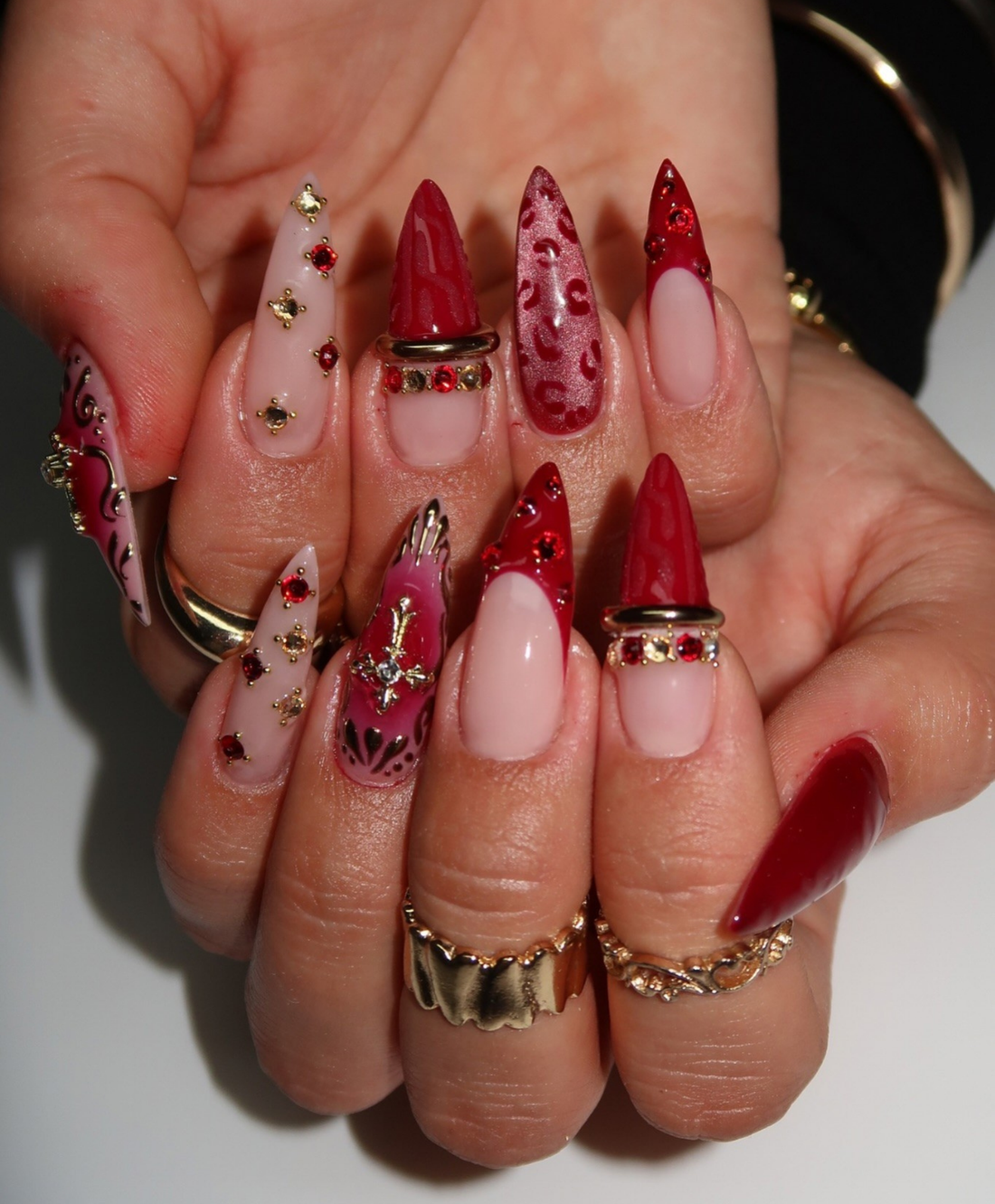 Hand-Painted 3D Sweater & Leopard Print Deep Red Stiletto Press On Nails - Luxury Gothic Gold Cross & Rhinestone Nails for Valentine, Party