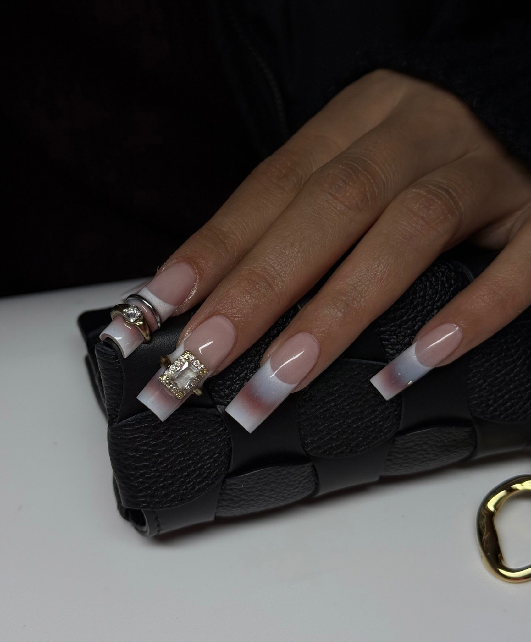Handmade Luxury 3D Jewelry French Press On Nails - Long Square Aura Blush Nails with Silver Ring Charms - Y2K Grunge, Bold Party Nail Art