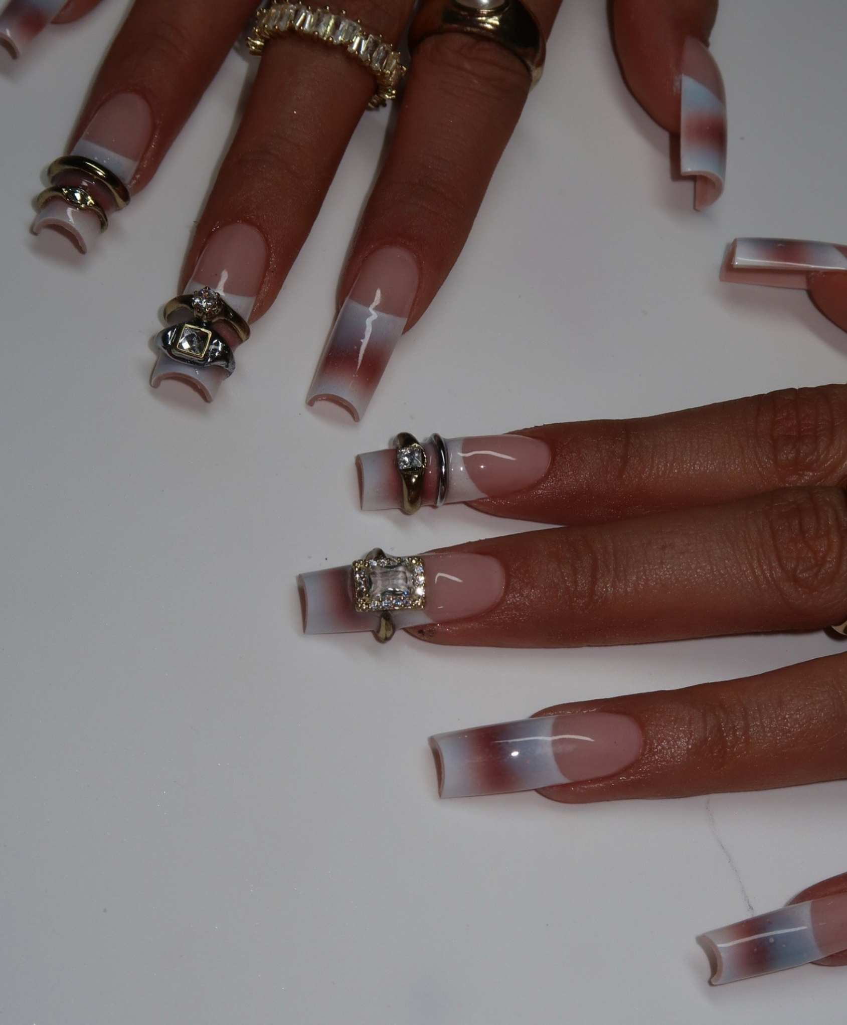 Handmade Luxury 3D Jewelry French Press On Nails - Long Square Aura Blush Nails with Silver Ring Charms - Y2K Grunge, Bold Party Nail Art