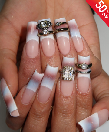 Handmade Luxury 3D Jewelry French Press On Nails - Long Square Aura Blush Nails with Silver Ring Charms - Y2K Grunge, Bold Party Nail Art