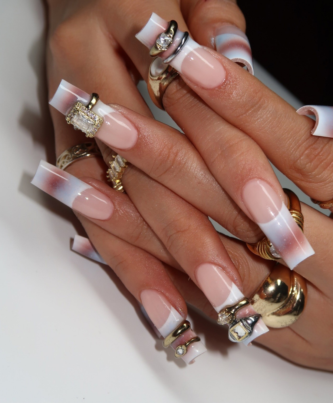 Handmade Luxury 3D Jewelry French Press On Nails - Long Square Aura Blush Nails with Silver Ring Charms - Y2K Grunge, Bold Party Nail Art