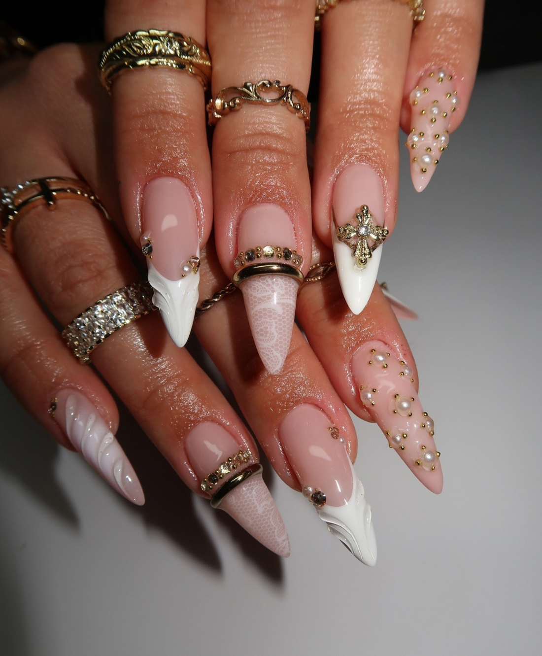 Handmade Luxury Baroque 3D Lace & Gold Cross Press On Nails - Long Stiletto Bridal Nails - Victorian Wedding, Gothic Glam, Renaissance Art