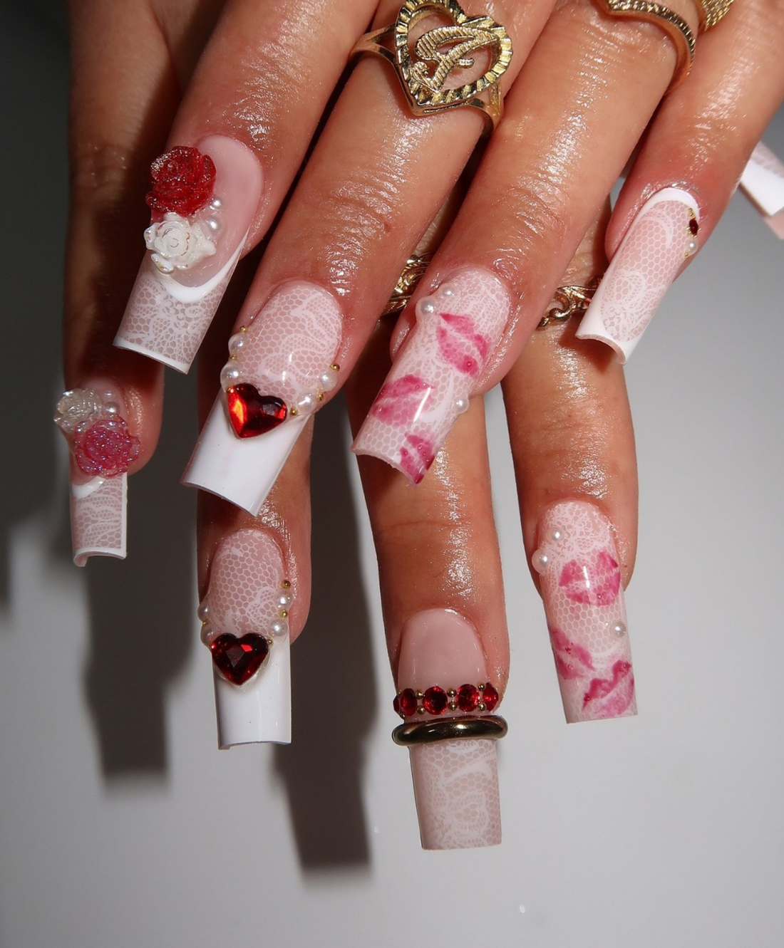 Handmade 3D Lace & Red Heart Press On Nails - Long Square Valentine's Day Nails - Luxury Coquette Rose & Kiss Design - Romantic Glam Art