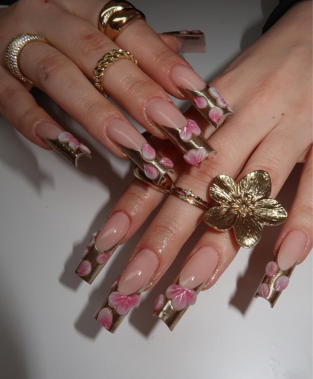 Luxury 3D Floral Gold Chrome Press On Nails | Long Square Nude & Metallic French Tip | Elegant Pink Flower Handmade Nail Set | Bridal Glam Nails