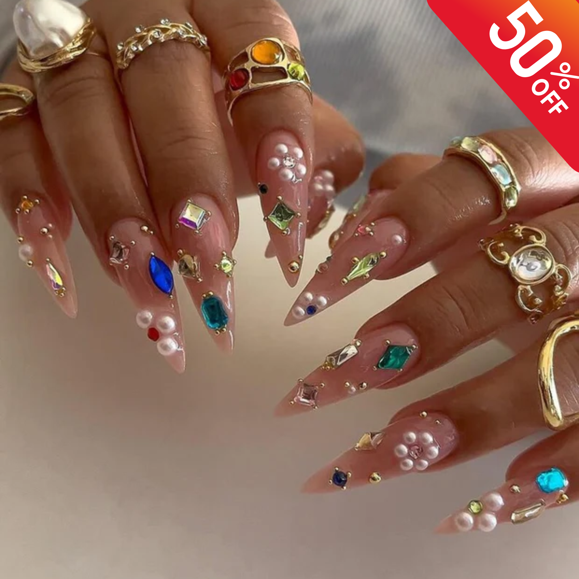 Luxury Press On Nails | Long Stiletto Crystal Nails | Rhinestone & Pearl Fake Nails | Glam Nail Art Set | Party Prom Nails | Reusable Nails