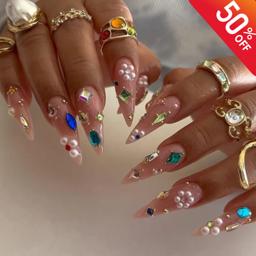 Luxury Press On Nails | Long Stiletto Crystal Nails | Rhinestone & Pearl Fake Nails | Glam Nail Art Set | Party Prom Nails | Reusable Nails