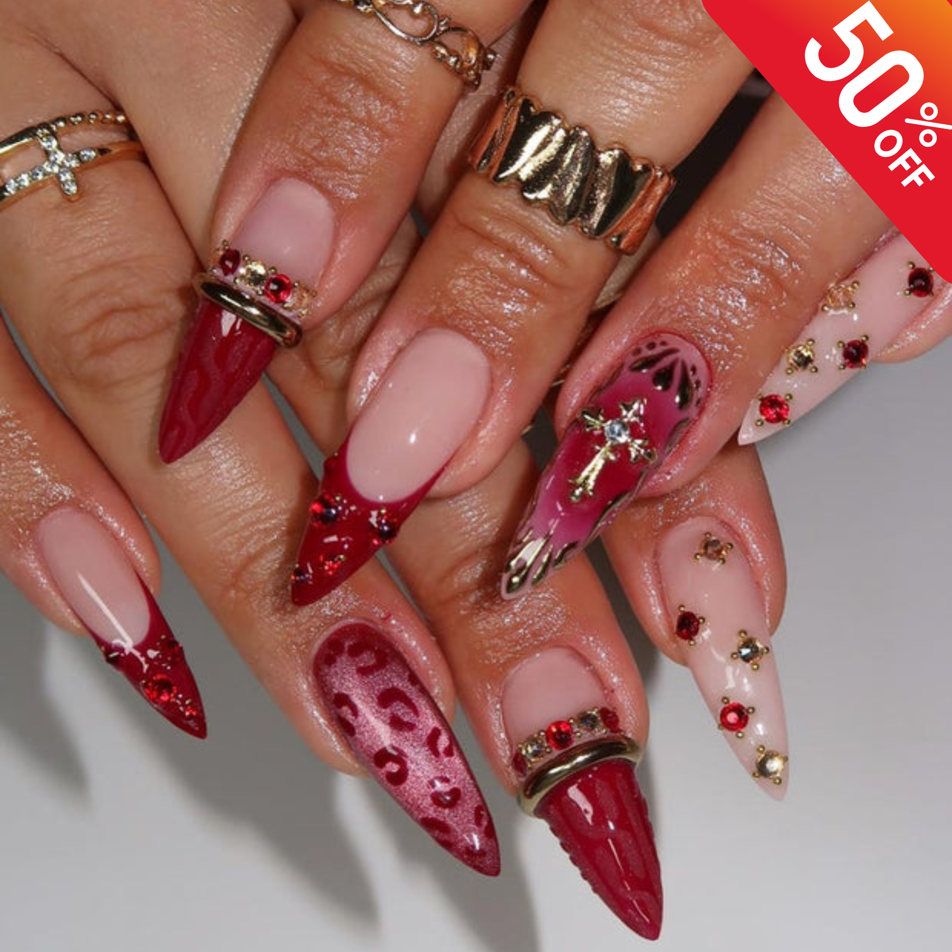 Valentine Red Press On Nails, Luxury Burgundy Leopard Nails with Cross Charm, Romantic Heart Nail Set, Nails press on