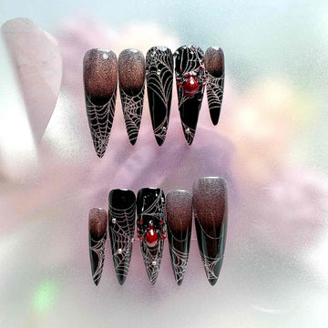 Gothic Spiderweb Nails – Black &amp; Silver Glitter Ombré Press-On Set, 3D Red Gem Spider Design | Dragonnail