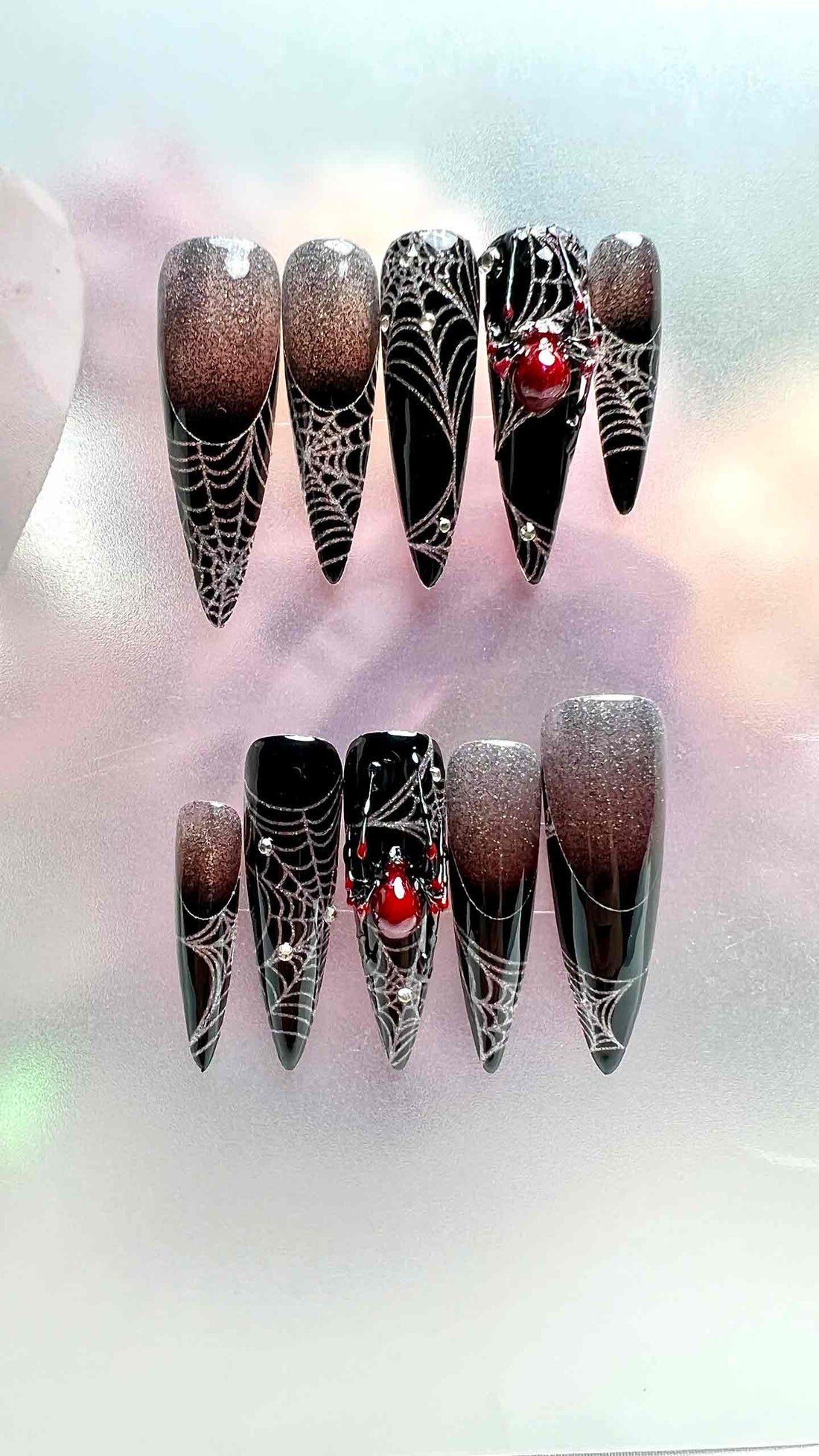 Gothic Spiderweb Nails – Black &amp; Silver Glitter Ombré Press-On Set, 3D Red Gem Spider Design | Dragonnail