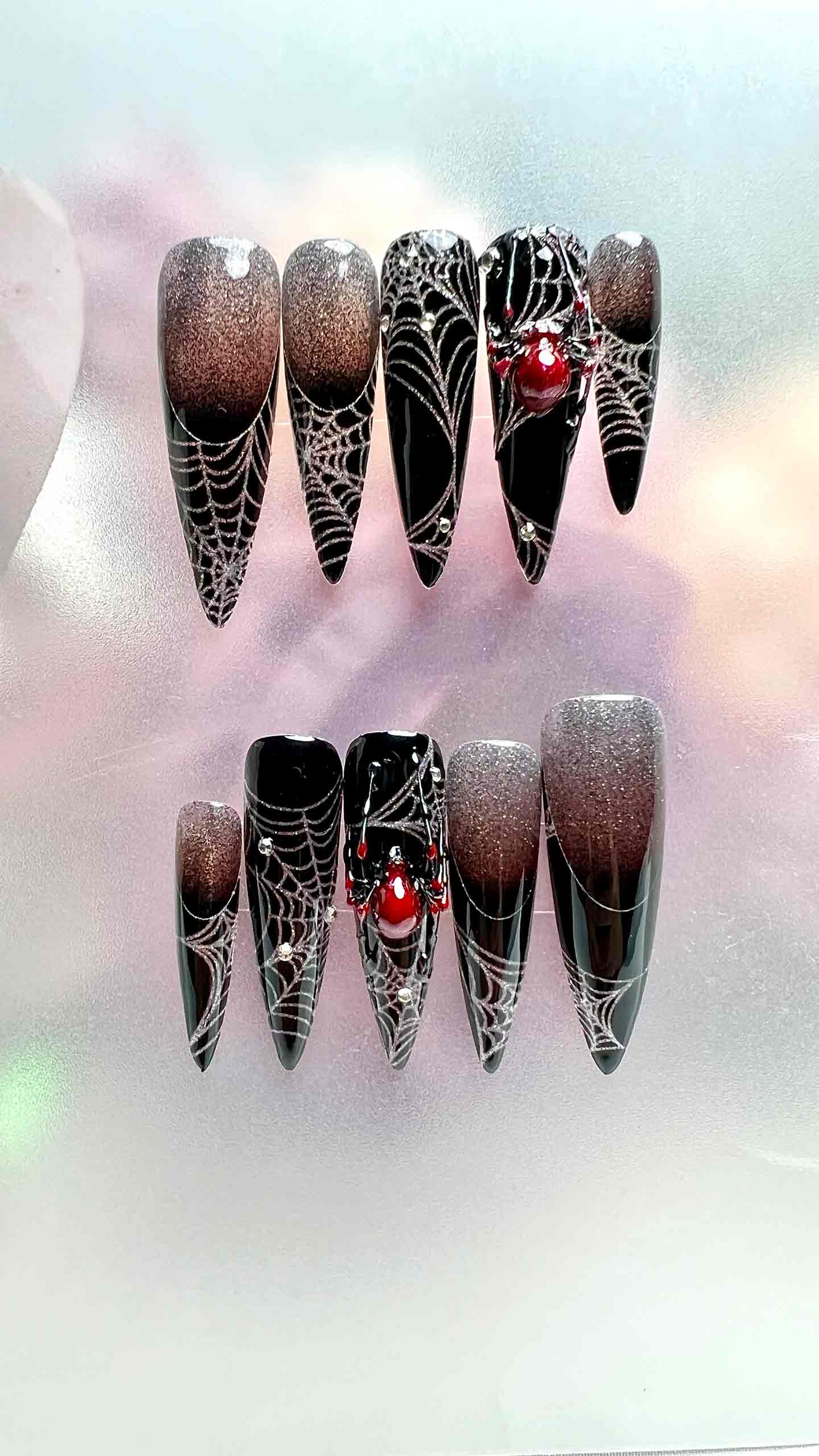 Gothic Spiderweb Nails – Black &amp; Silver Glitter Ombré Press-On Set, 3D Red Gem Spider Design | Dragonnail