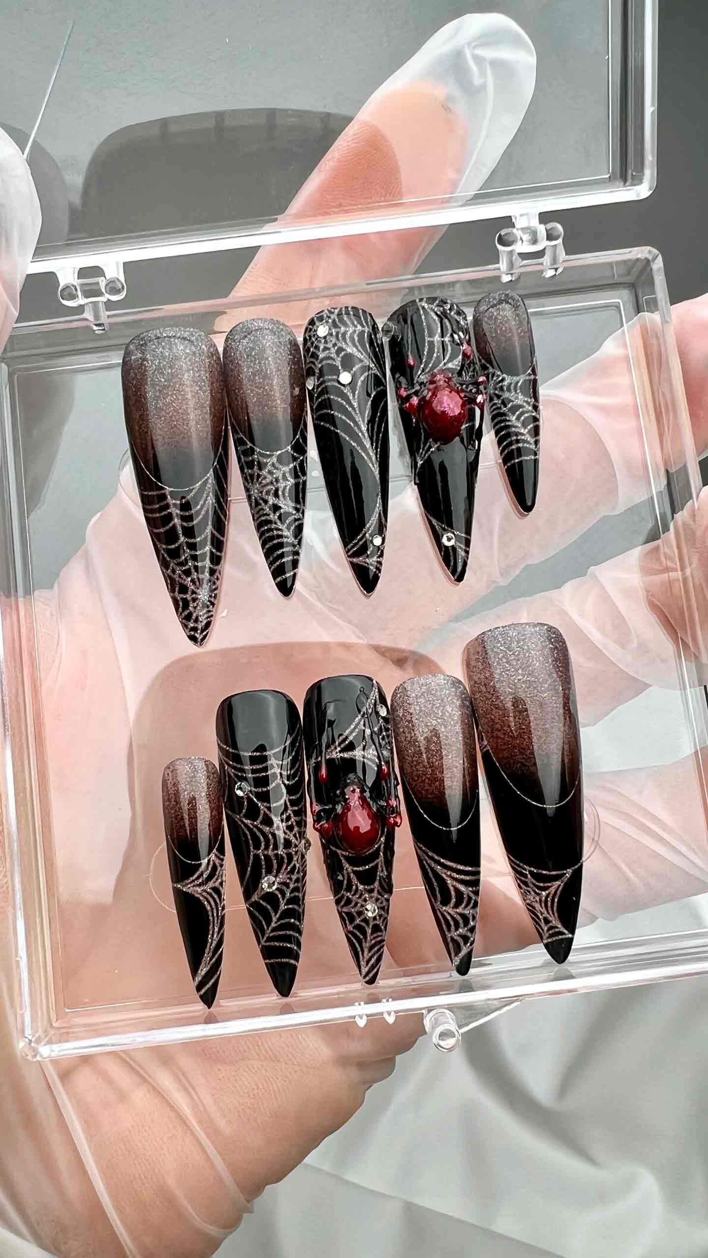 Gothic Spiderweb Nails – Black &amp; Silver Glitter Ombré Press-On Set, 3D Red Gem Spider Design | Dragonnail