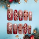Red &amp; Gold Snowflake Press-On Nails, Christmas Ornament Nail Set with Pearls, Glitter &amp; Candy Swirl Design — Elegant Holiday Nail Art