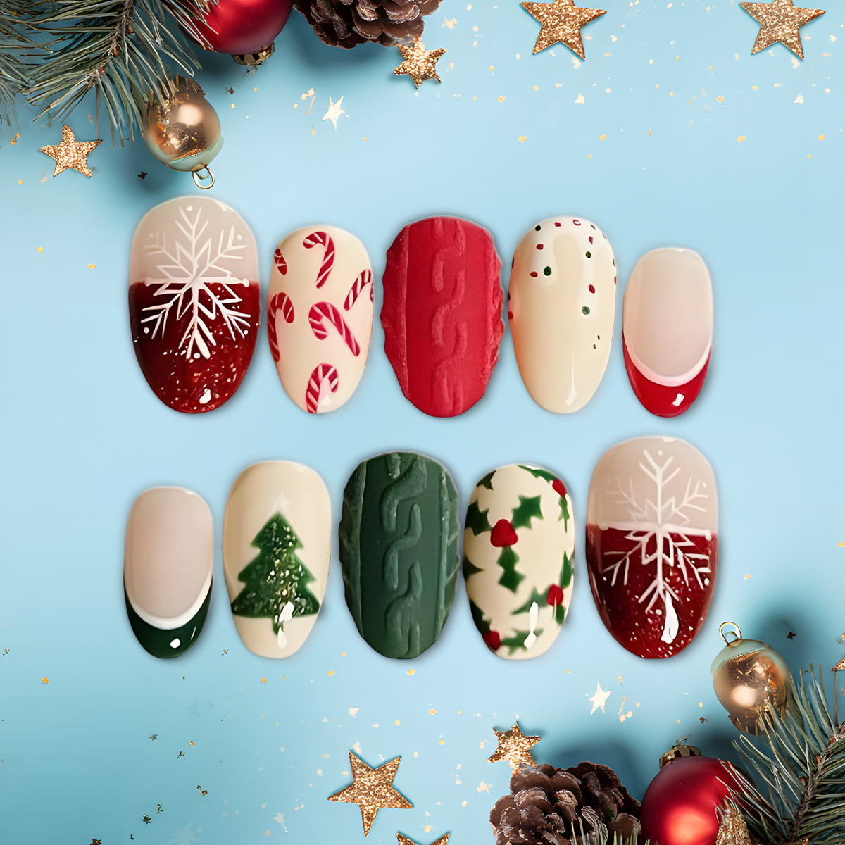 Red &amp; Green Christmas Press-On Nails, Holiday Sweater Nail Set with Tree, Candy Cane &amp; Snowflake Designs — Cozy Festive Nails for Winter