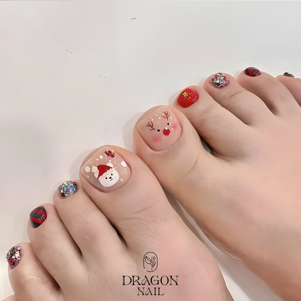 Christmas Pedicure Nails, Cute Reindeer &amp; Snow Bear Toe Nails, Festive Glitter Holiday Design