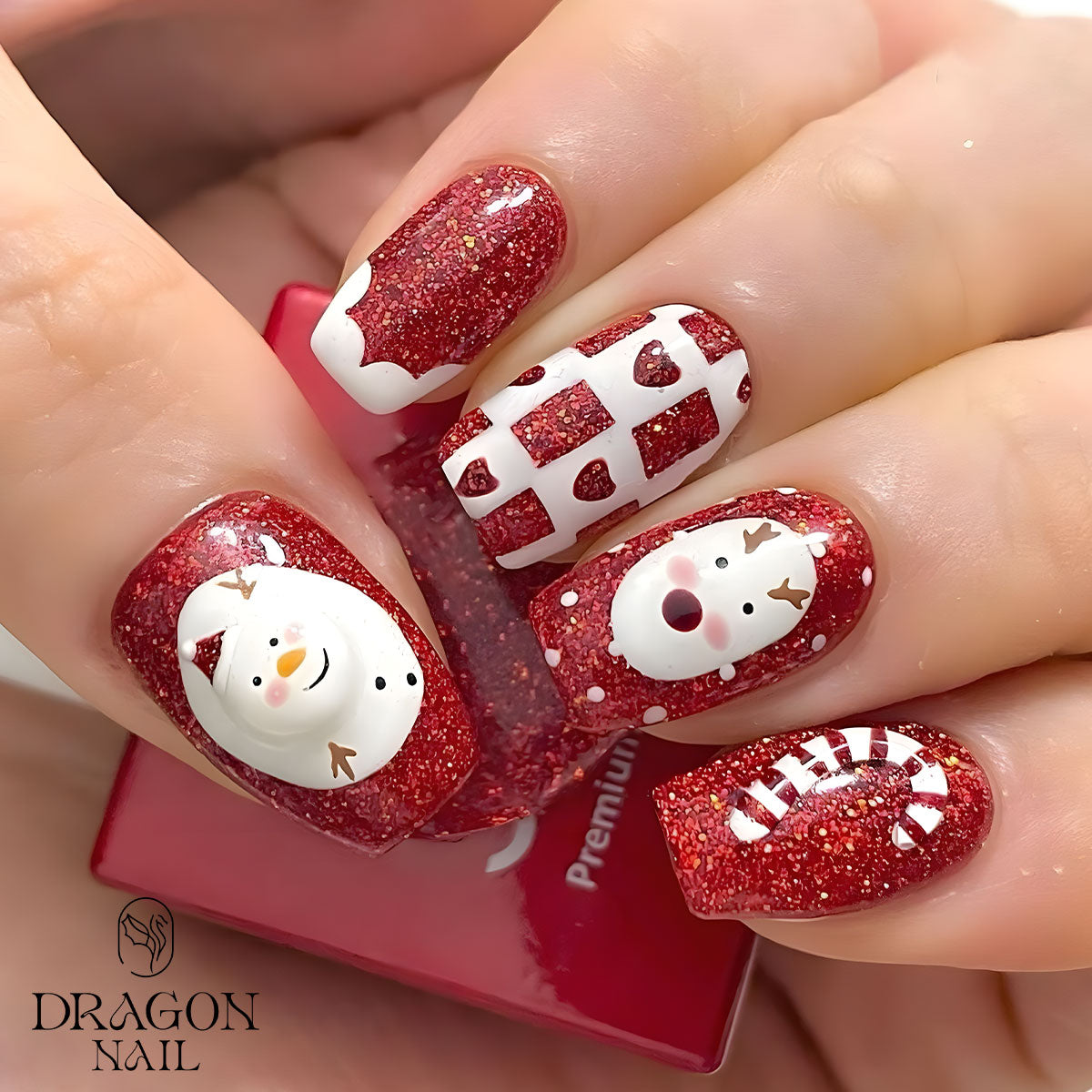 Red Christmas Nails, Glitter Press-On Set, Reindeer &amp; Snowman Design, Holiday Edition