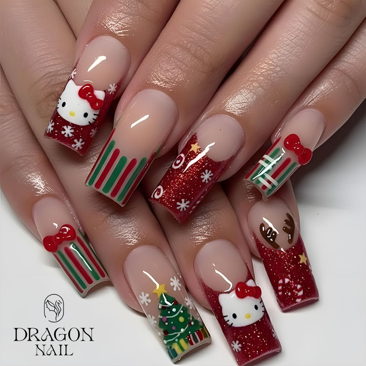 Hello Kitty Christmas Nails, Red Glitter Press-On Set, Cute Holiday Tree &amp; Reindeer Design