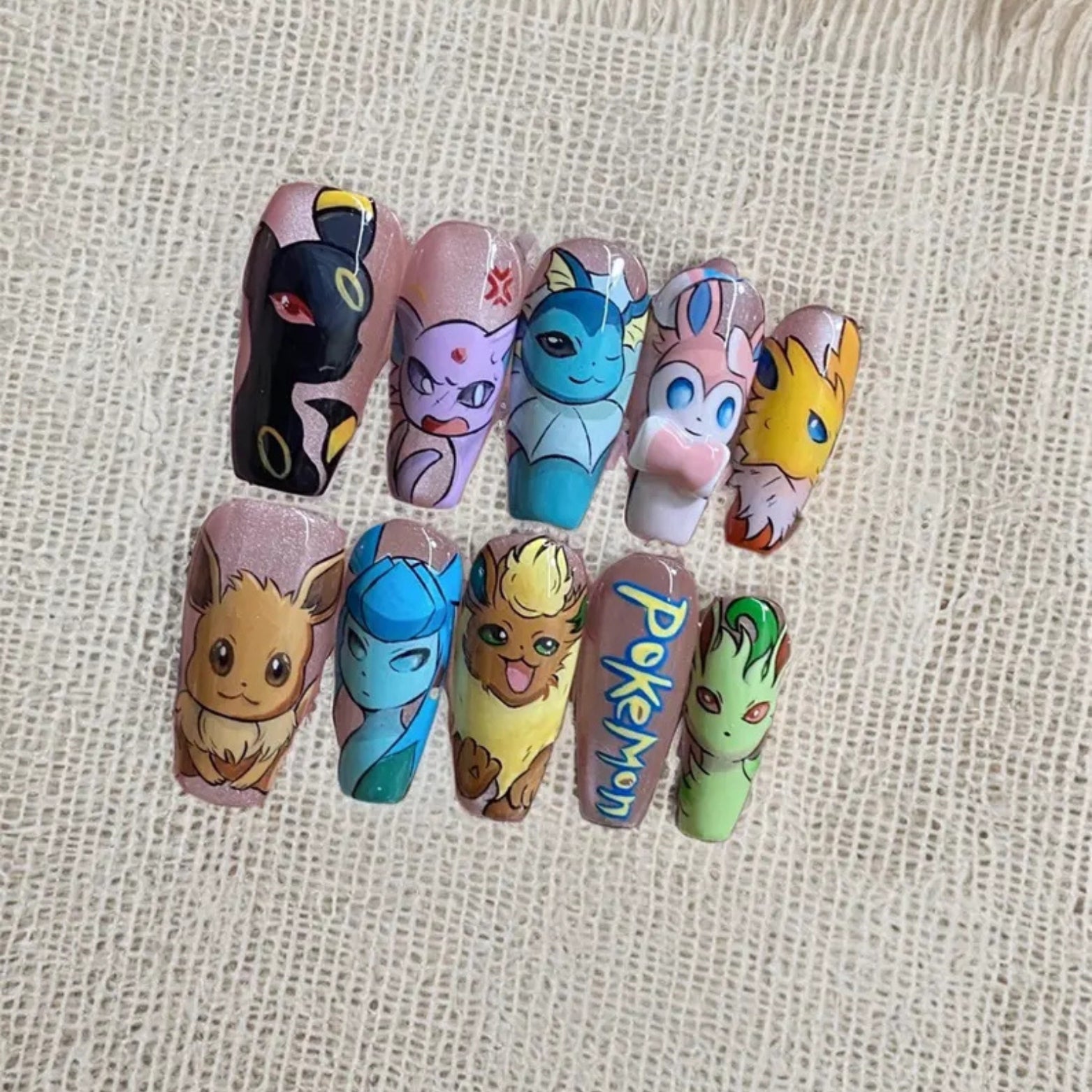 Pokémon Eeveelution Nails – Eevee, Vaporeon &amp; Jolteon Press-On Nail Set, Colorful Anime Design | Dragonnail
