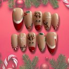 Reindeer Christmas Press-On Nails, Nude and Red Holiday Nail Set with Snowflakes, Holly &amp; String Lights — Handmade Winter Nail Art