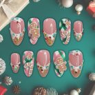Gingerbread Candy Cane Press-On Nails, Pink Plaid Glitter Nail Set with 3D Gingerbread Men, Stars &amp; Beaded Details — Handmade Christmas Nails