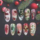 Reindeer &amp; Holly Press-On Nails, Red Green &amp; Gold Christmas Nail Set with 3D Bells, Stars &amp; Snow Details — Elegant Handmade Holiday Nails