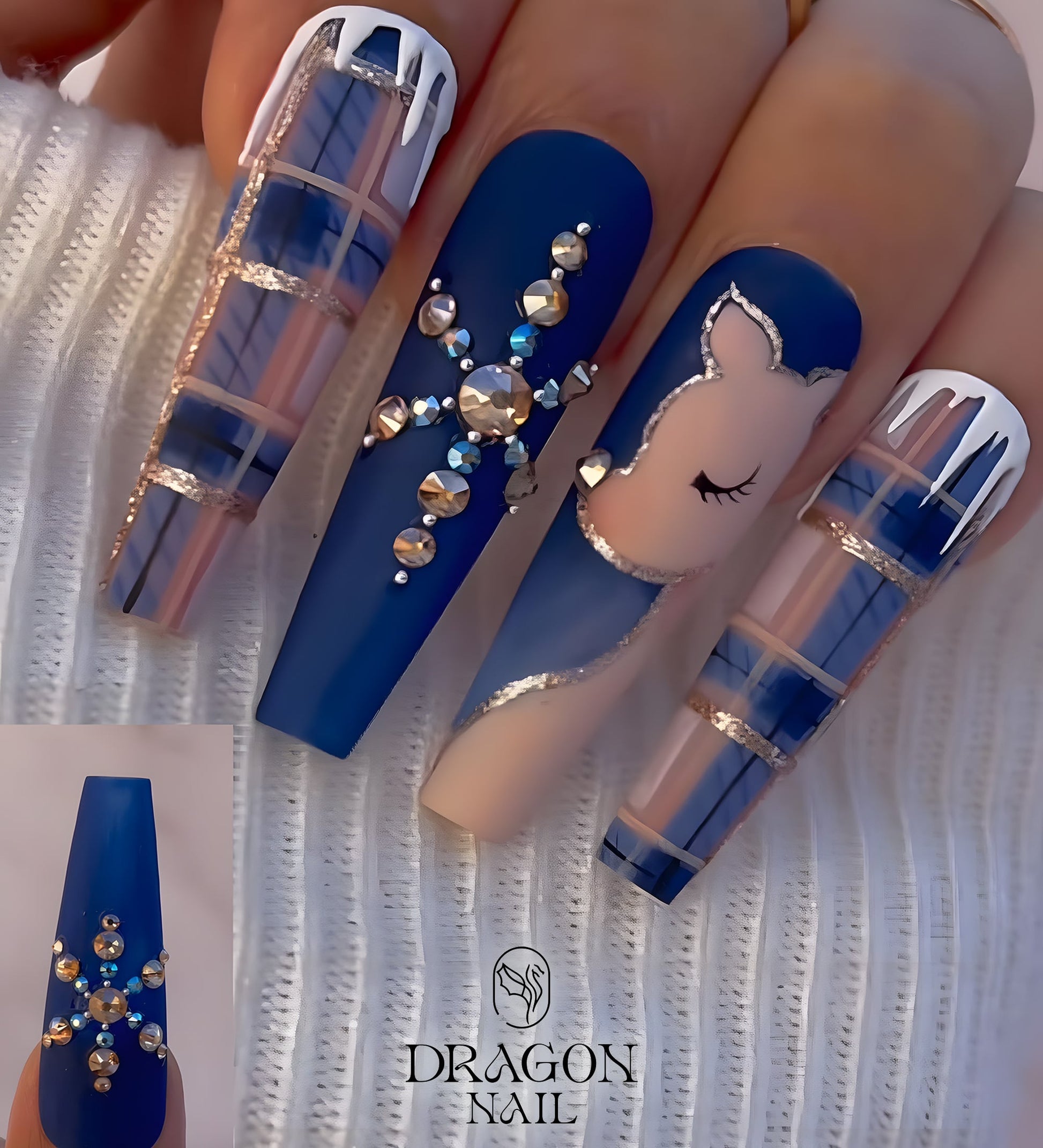 New Trending Blue Reindeer Press-On Nails – Snowflake Rhinestone &amp; Winter Plaid Design
