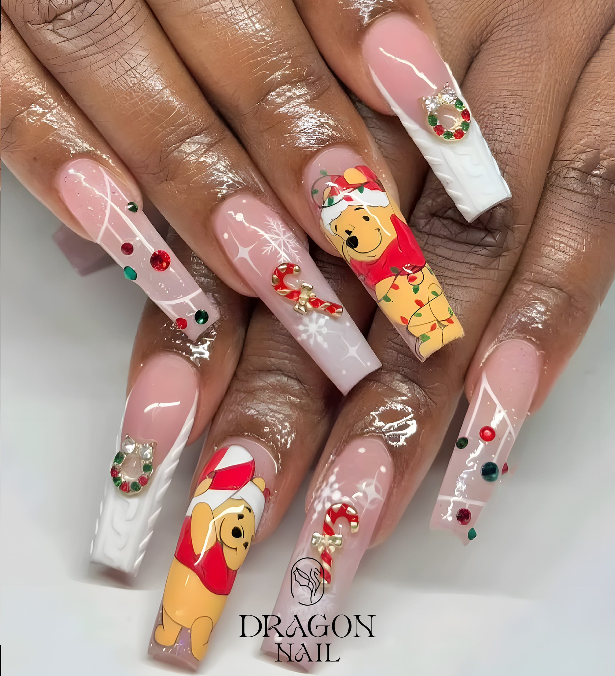 New Trending Christmas Press-On Nails – Winnie-the-Pooh, Cute Bear, Candy Cane &amp; Snowflake Holiday Design