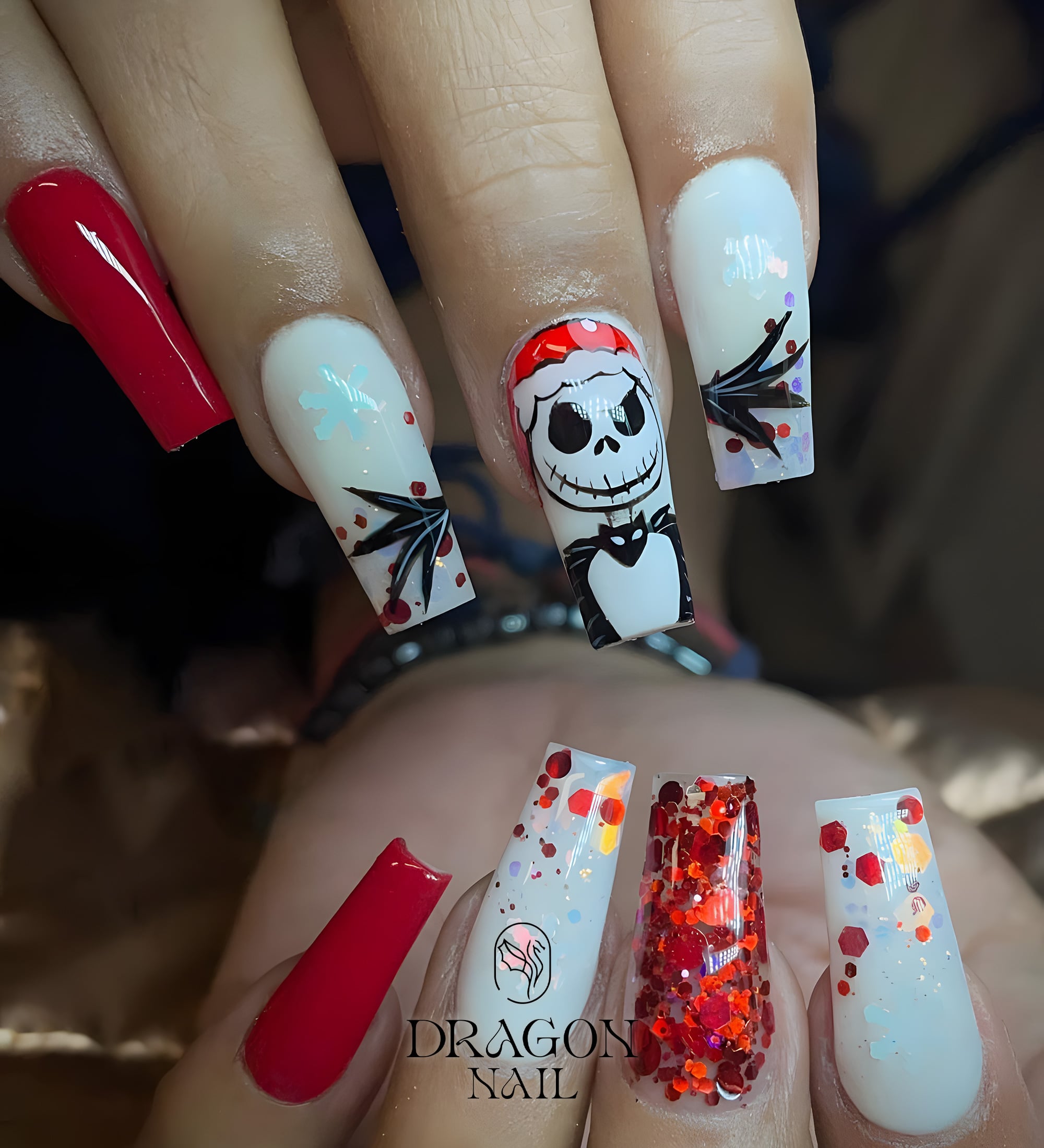 New Trending Christmas Press-On Nails – Jack Skellington Santa Inspired Red &amp; White Holiday Design