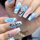 New Trending Olaf Press-On Nails – Frozen Inspired Blue &amp; White Winter Snow Swirl Design