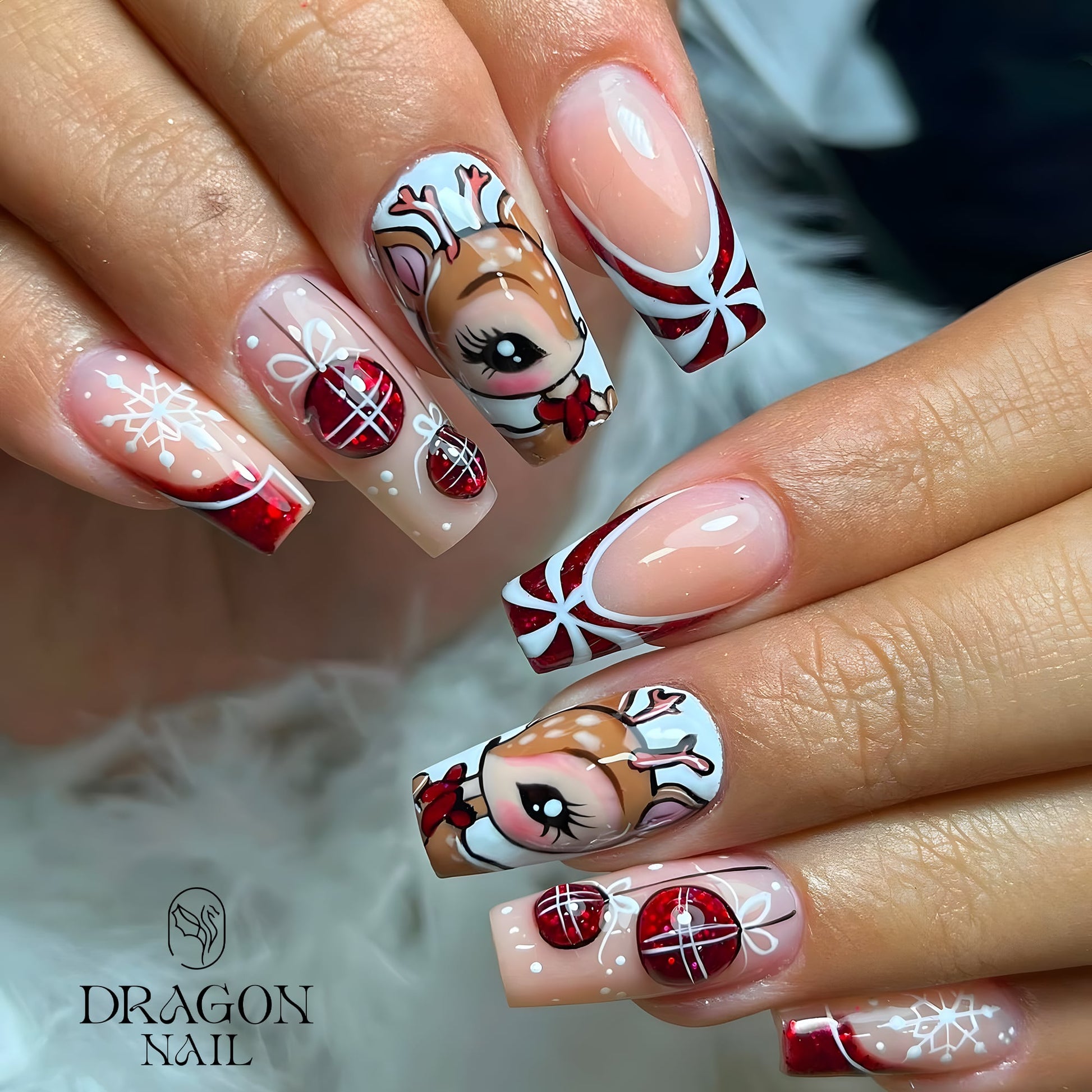 New Trending Reindeer Christmas Press-On Nails – Cute Rudolph, Red Ornaments &amp; Snowflake Holiday Nail Design
