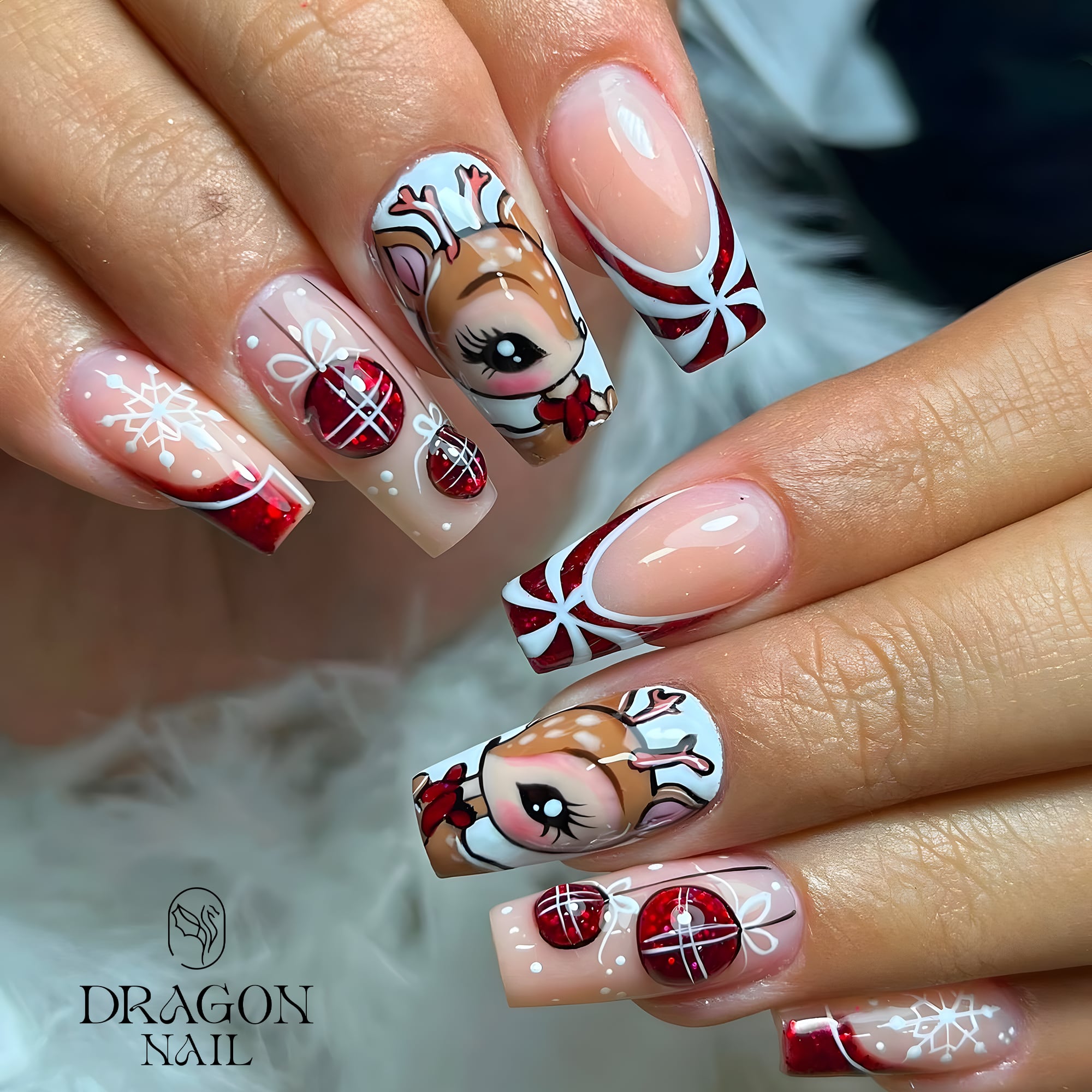 New Trending Reindeer Christmas Press-On Nails – Cute Rudolph, Red Ornaments &amp; Snowflake Holiday Nail Design