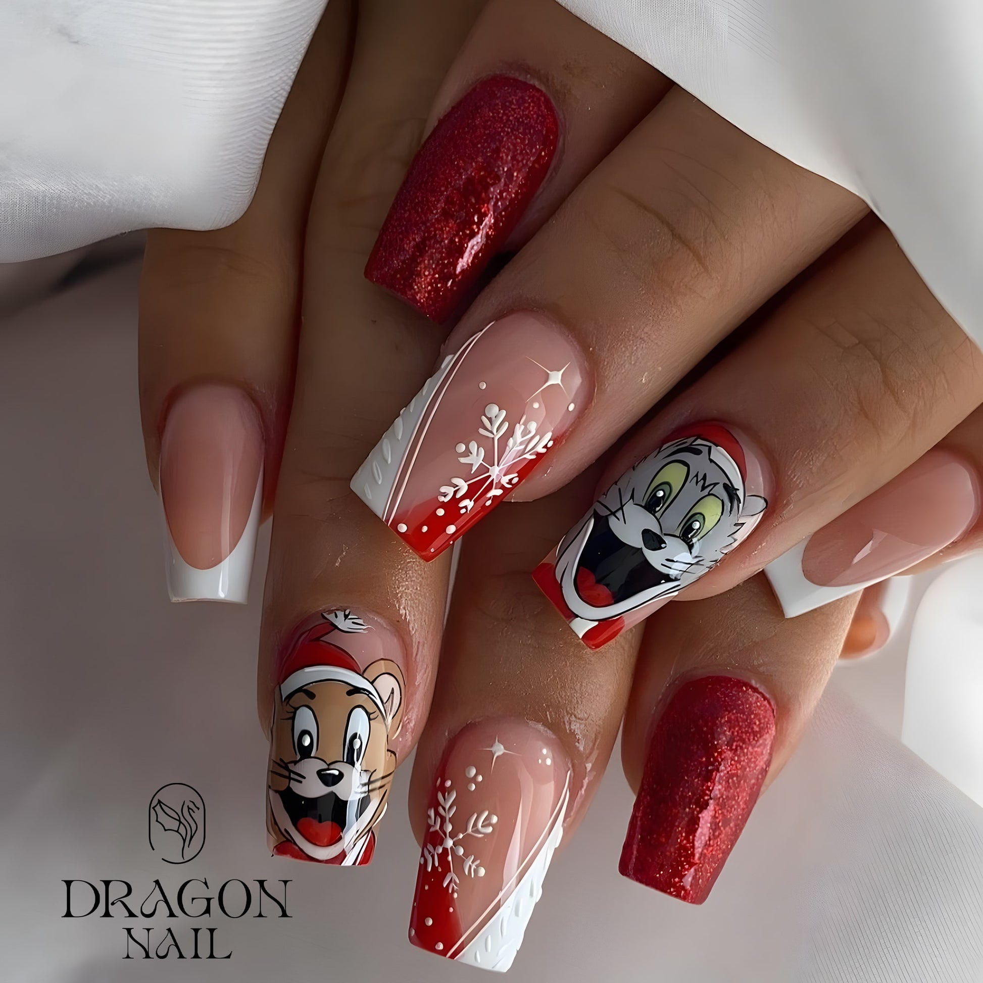 New Trending Tom and Jerry Christmas Press-On Nails – Red Glitter, Snowflake &amp; Cartoon Holiday Nail Design