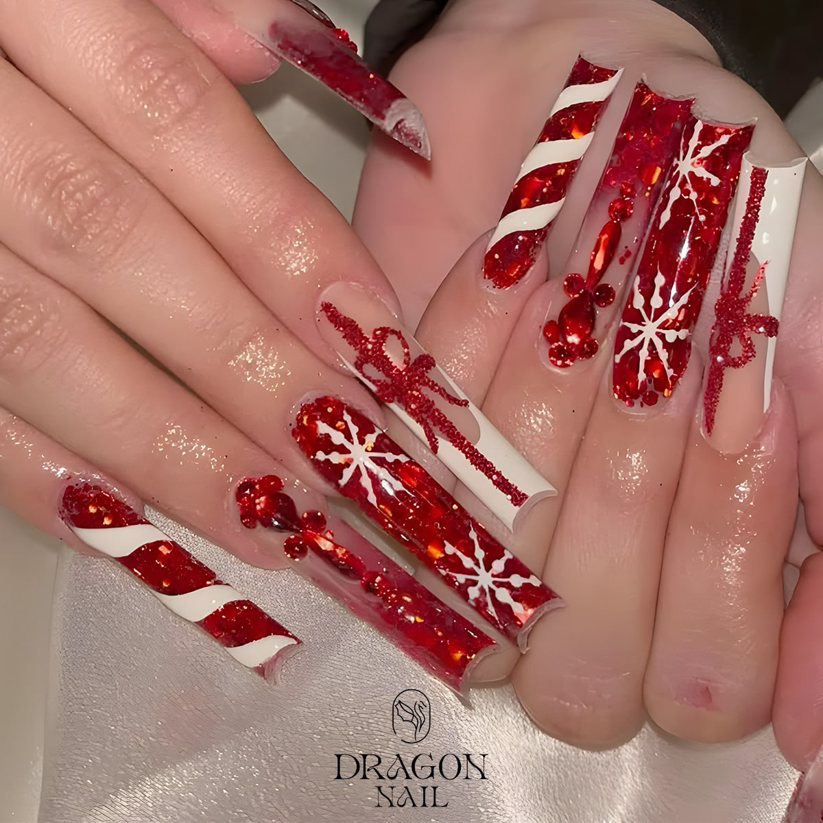 Red Glitter Christmas Gift Press-On Nails – Candy Cane Stripes, Rhinestone Bows &amp; Snowflake Accents