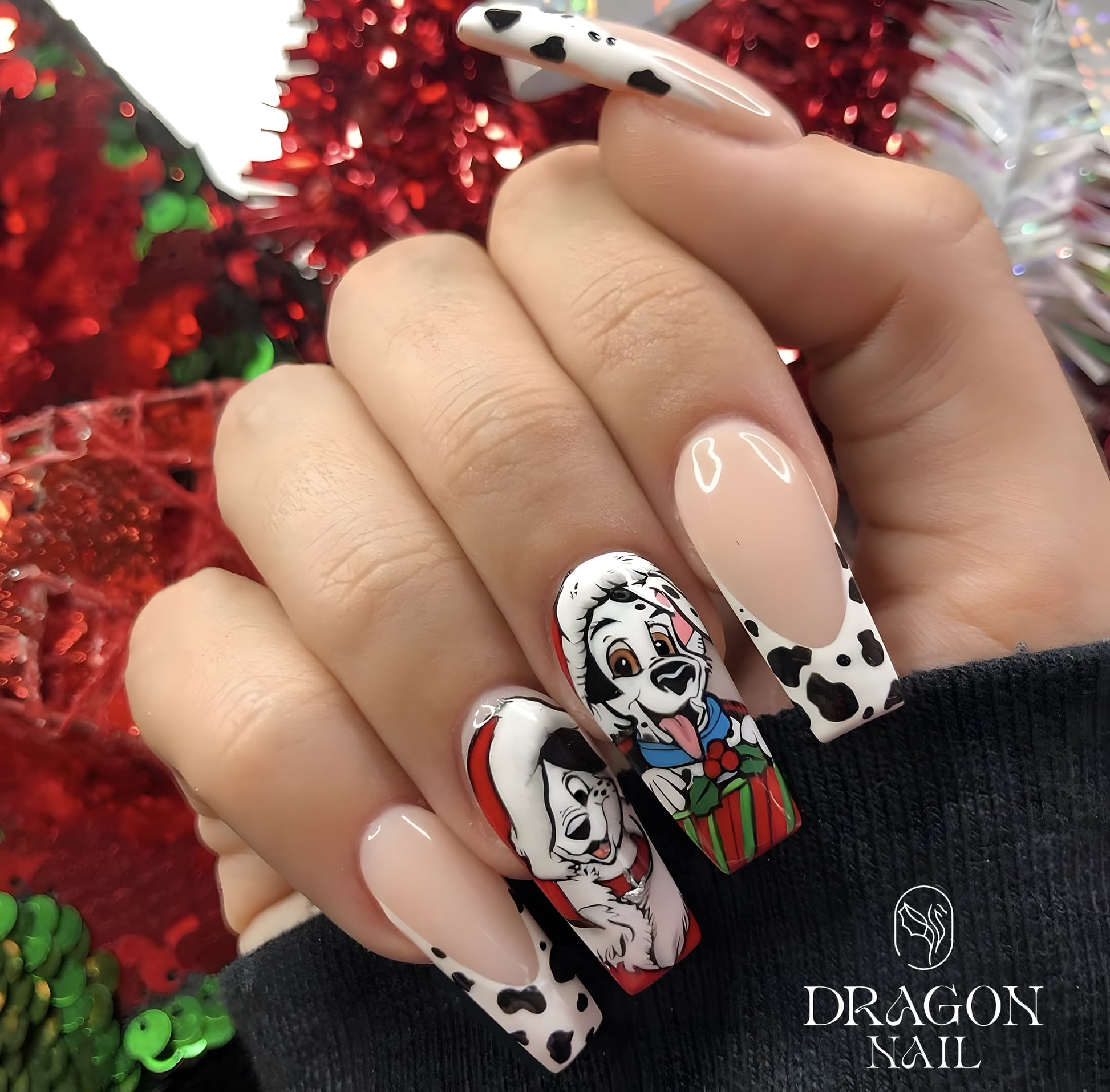 New Trending 101 Dalmatians Christmas Press-On Nails – Cute Puppy Holiday Design, Black &amp; White Spots